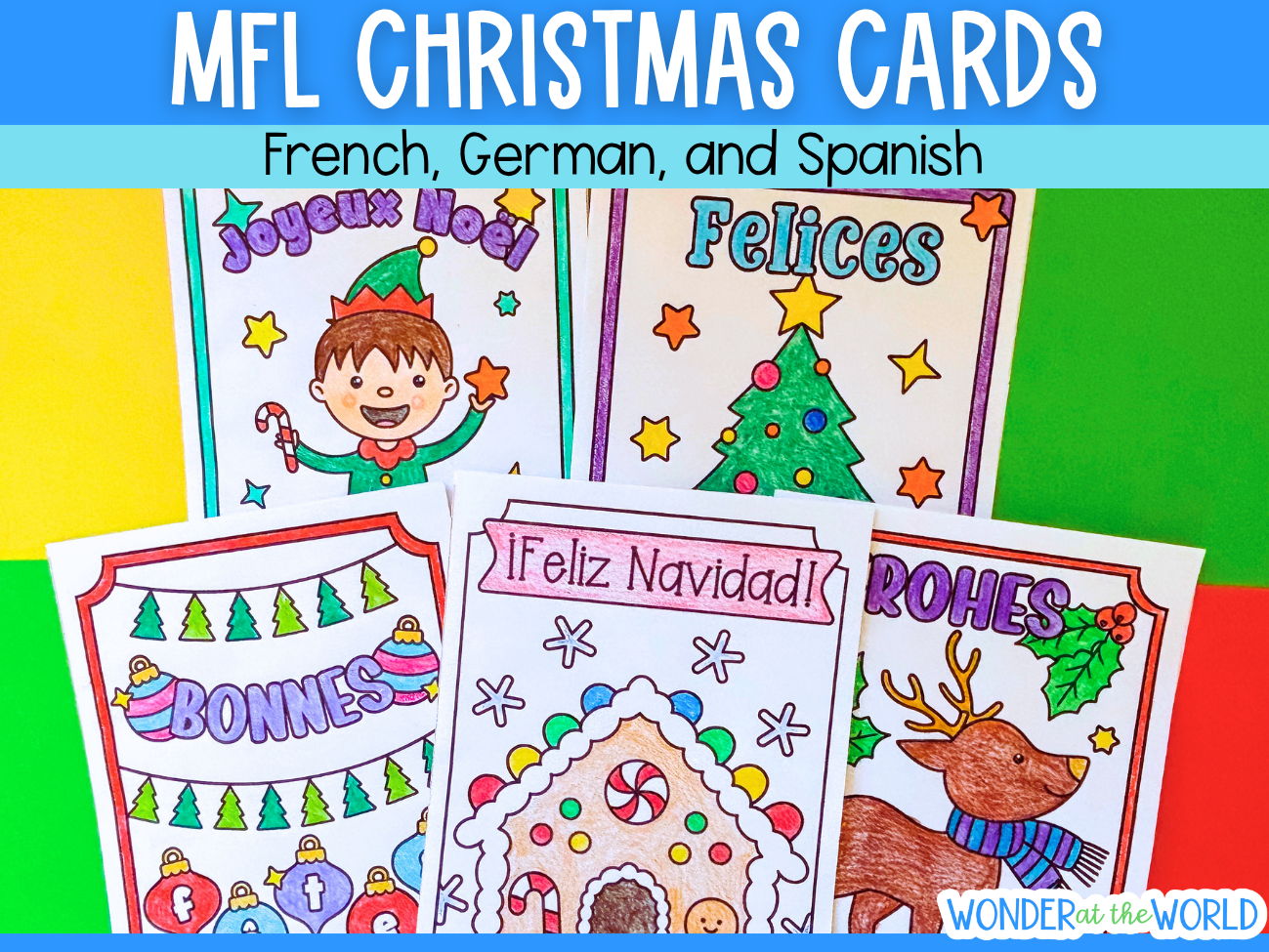 MFL Christmas cards to colour and write for French German Spanish KS2 KS3