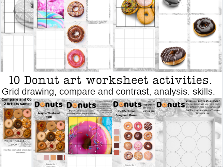 Donuts art activity worksheets, home learning, cover, analysis.