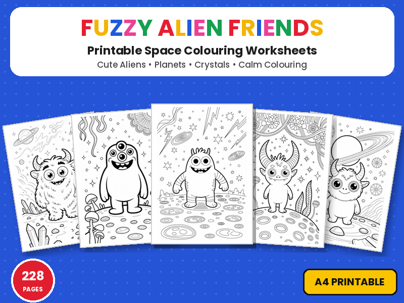 Fuzzy Alien Friends Colouring Pages | 228 Cute Space Creature Printable Colouring Page Worksheets