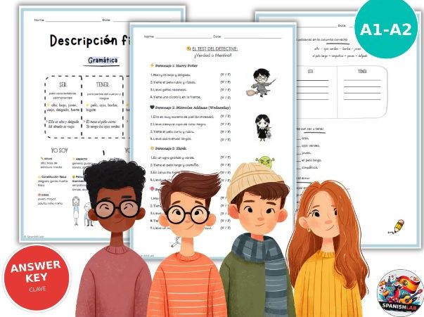 Physical Description in Spanish Worksheets | SER TENER LLEVAR | A1-A2 No Prep