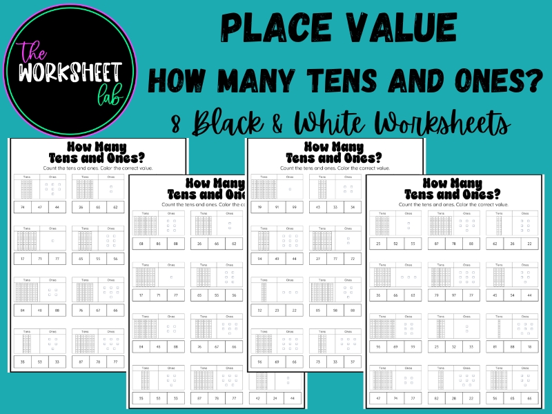 Place Value -  How Many Tens and Ones Worksheets in Black and White