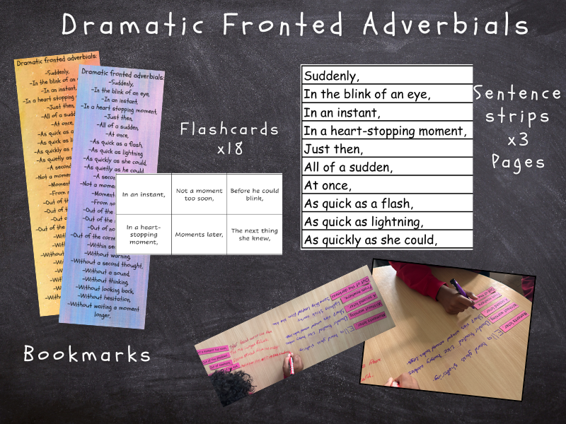 Dramatic Fronted Adverbials Bookmarks, Flashcards & Sentence Strips