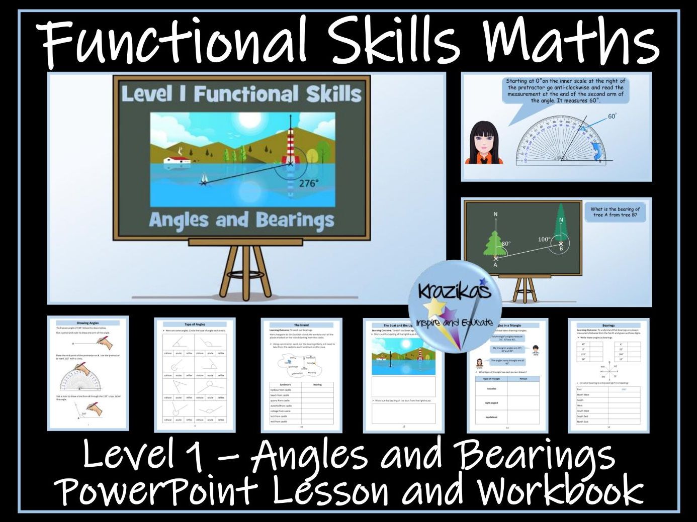 Level 1 Functional Skills Maths - Angles and Bearings - PowerPoint Lesson and Workbook