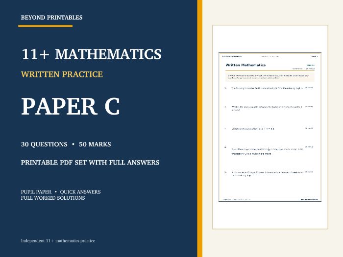 11+ Maths Practice Paper C | Written Test with Worked Solutions