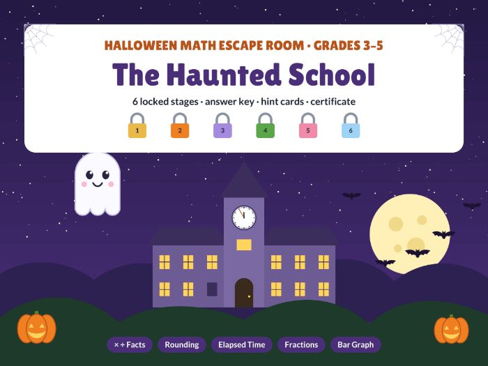 Halloween Math Escape Room: Haunted School | Grades 3-5 | Multiplication, Fractions, Elapsed Time