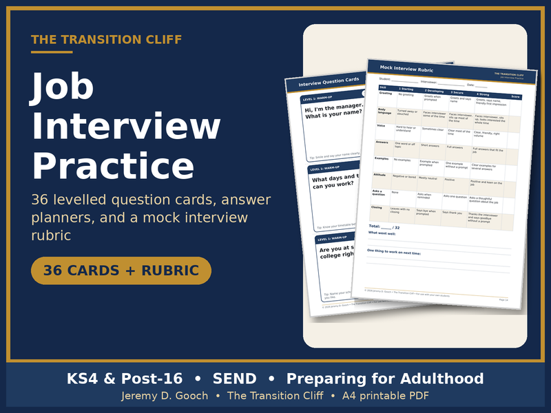 Job Interview Practice Cards + Mock Interview Rubric: SEND KS4 Post-16 Employability