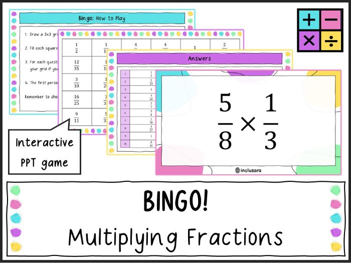 Multiplying Fractions Starter, Fractions Bingo, Whole Class Maths Games