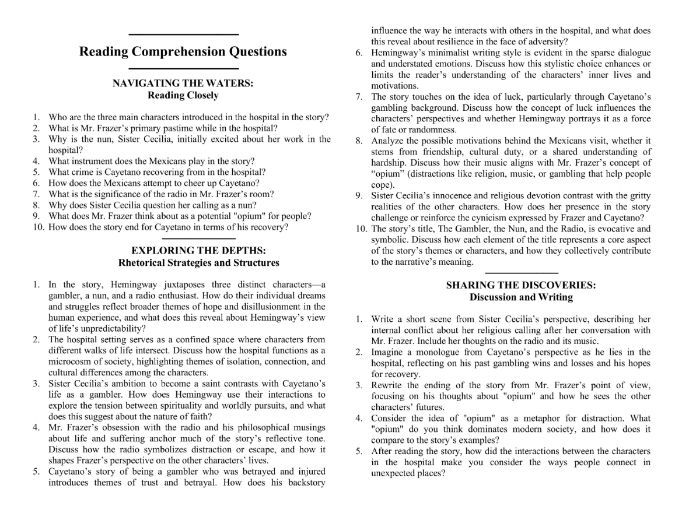 The Gambler, the Nun, and the Radio by Ernest Hemingway with Reading Comprehension Questions