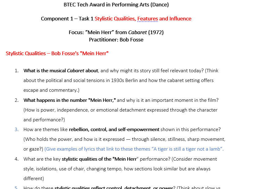 Component 1 Complete Resource Bob Fosse Btec Tech Award in Performing Arts