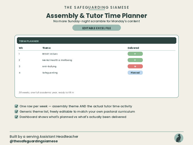 Assembly & Tutor Time Planner Blank Organisational Template — Plan Your Own Content (Editable Exce