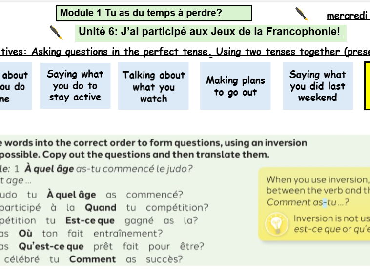 New French AQA Higher GCSE Module 1 Unit 6 J'ai participé aux jeux de la Francophonie