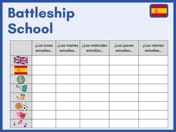Battleships - school subjects in Spanish KS3