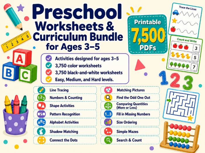Preschool Worksheets & Curriculum Bundle for Ages 3–5(Printable 7,500 PDF files)