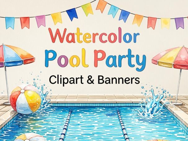 Watercolor Pool Party Clipart & Banners | Summer Classroom Decor