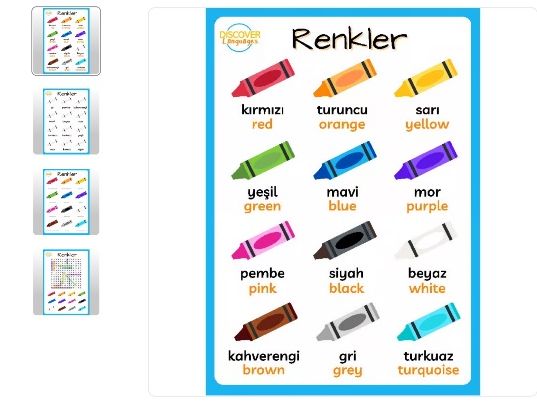 Turkish and English Bilingual Colours Vocabulary Poster Worksheets Wordsearch