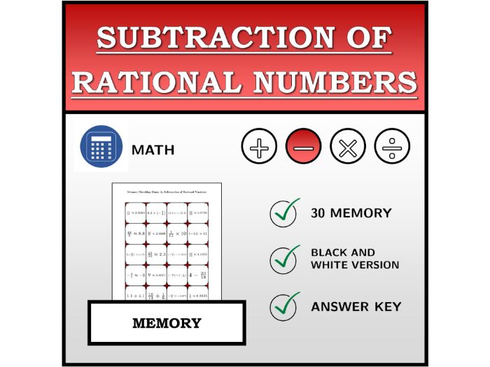Memory Matching Game | Subtraction of Rational Numbers | Math Activity