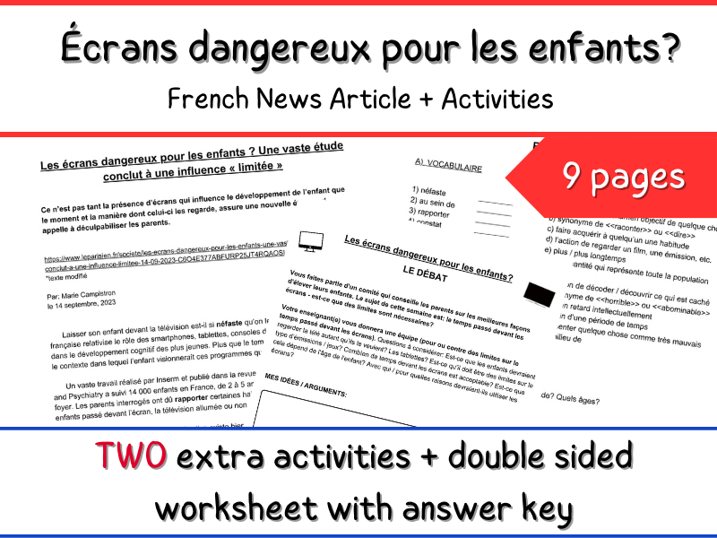 Écrans dangereux pour les enfants? - French Newspaper Article + Activities