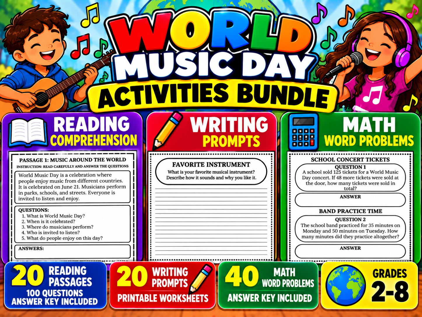 World Music Day Activities Bundle | Reading, Writing & Math | Grades 2–8