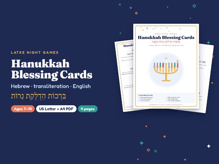 Hanukkah Candle Blessings Cards: Hebrew, Transliteration & English (Menorah Lighting)