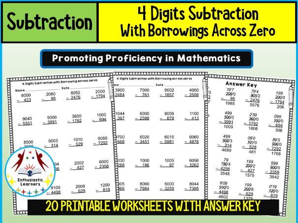 4-Digit Subtraction with Borrowing across Zeros Worksheets – Practice Activity