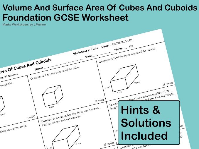 GCSE Maths Worksheet: Volume And Surface Area Of Cubes And Cuboids - Foundation Tier
