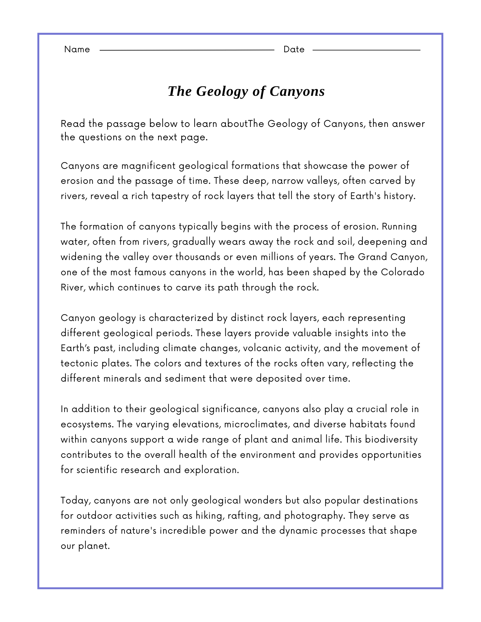 The Geology of Canyons — Reading Comprehension Worksheet | Teaching ...