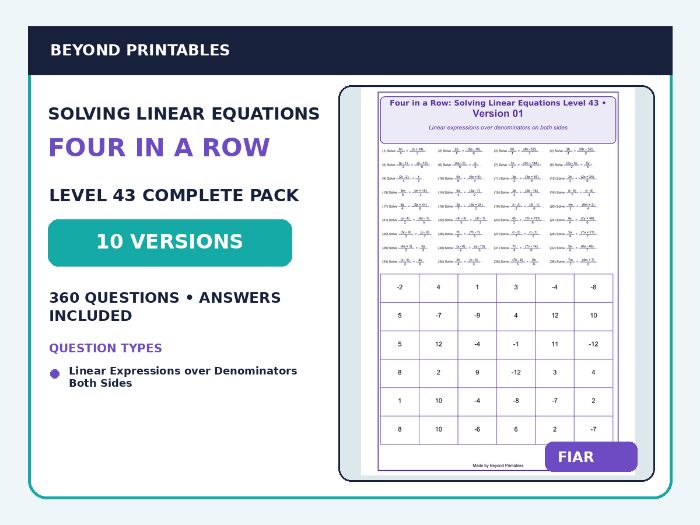 Solving Linear Equations Four in a Row | (3x + 2)/4 = (x + 7)/3 : Level 43 | 10-Version Maths Pack