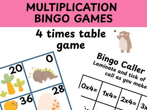 4 times table multiplication bingo game