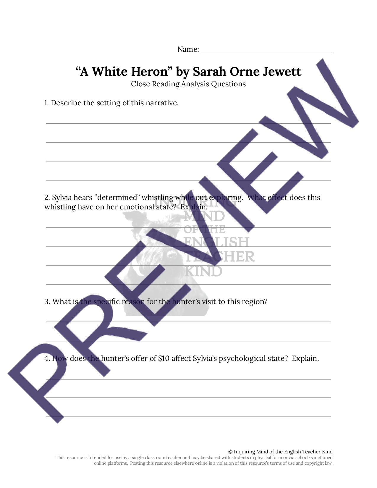 "A White Heron" by Sarah Orne Jewett Close Reading Worksheet | Teaching ...