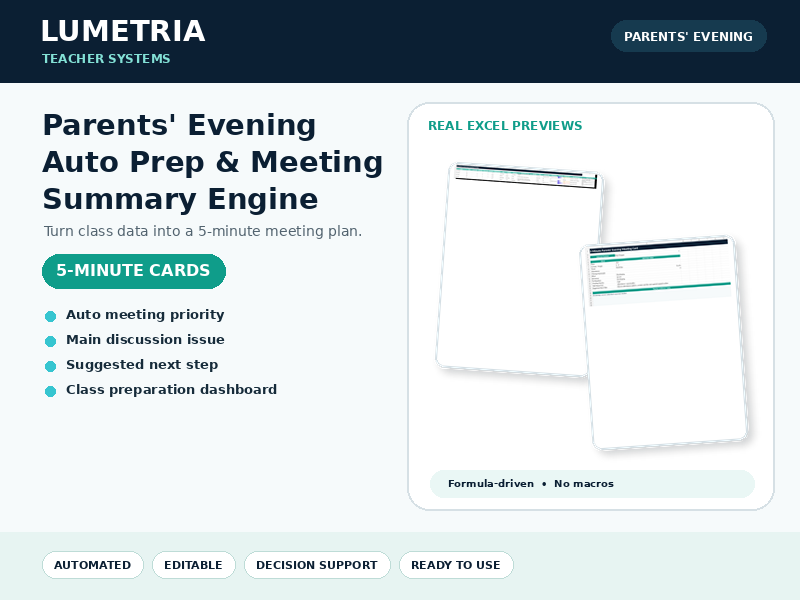 Parents' Evening Auto Prep Engine | Excel 5-Minute Meeting Cards & Priority Dashboard