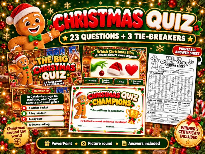 Christmas Quiz PowerPoint | 23 Questions + 3 Tie-Breakers | Certificate