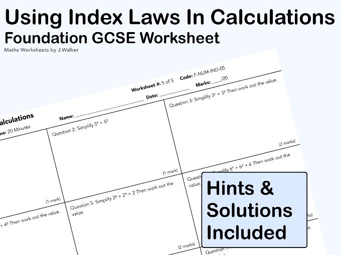 GCSE Maths Worksheet: Using Index Laws In Calculations - Foundation Tier
