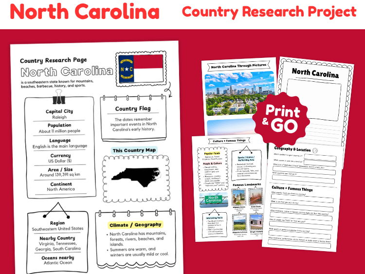 North Carolina State Research Project | US Geography & State Study Worksheets