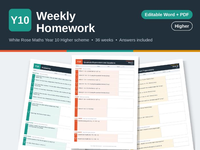 Year 10 Higher Weekly Maths Homework – White Rose aligned