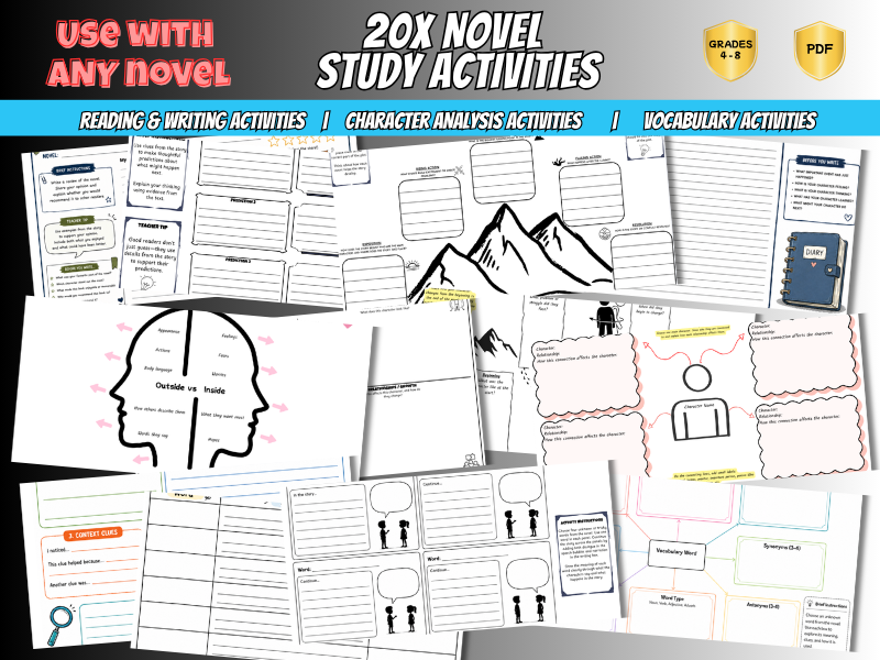 Any Novel Study Activities | Reading, Writing, Character Analysis & Vocabulary | Years 5–9 PDF