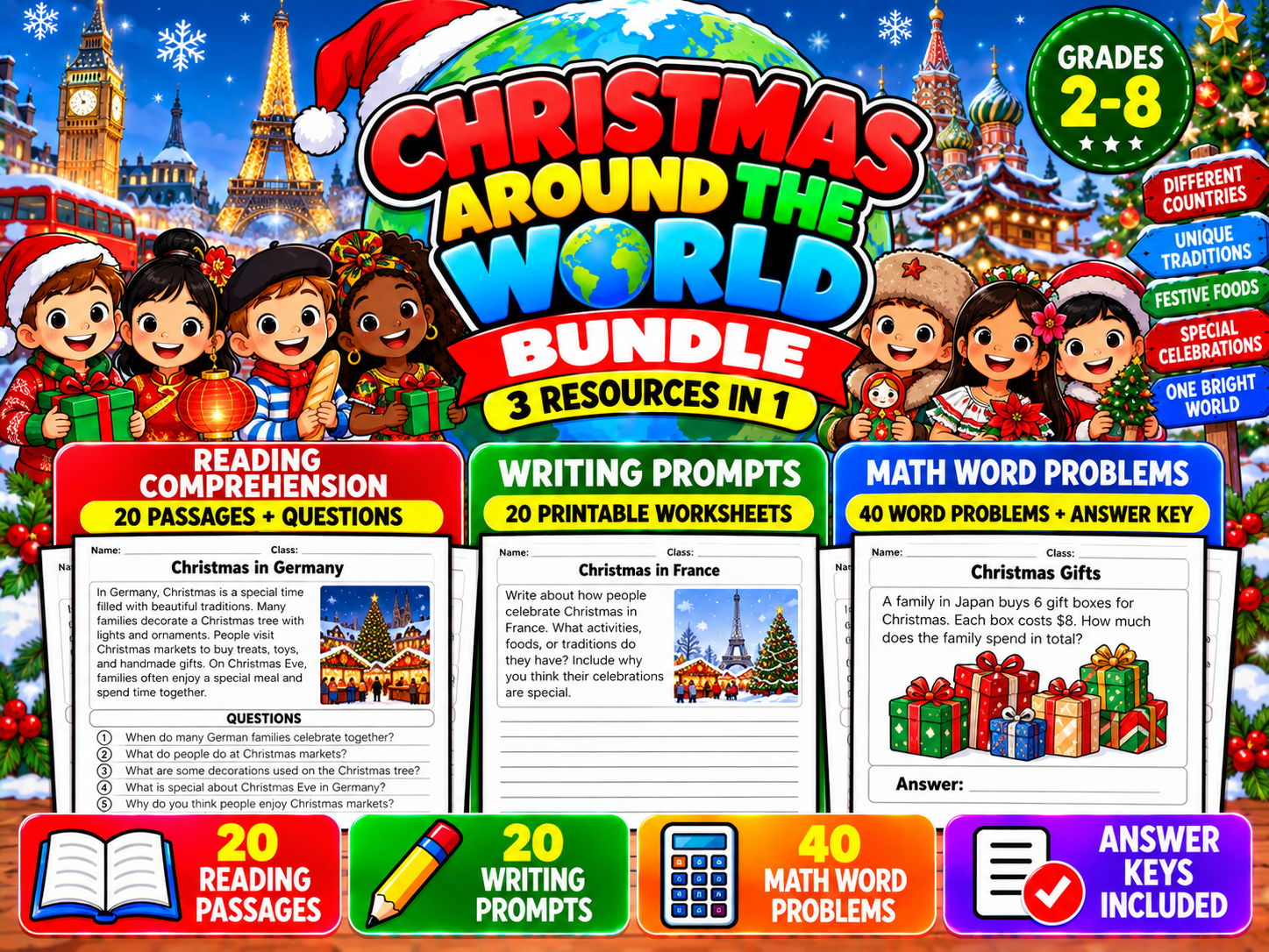 Christmas Around the World Activities Bundle | Reading, Writing & Math | Grades 2–8