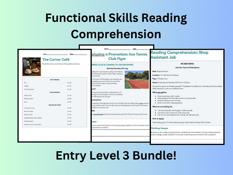 Functional Skills Entry Level 3 Reading Comprehension Bundle