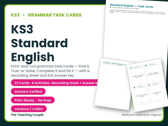 KS3 Standard English Task Cards – 23 Grammar Cards + Answer Key