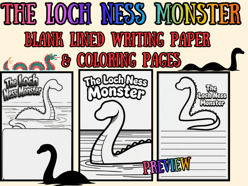 The Loch Ness Monster Coloring Templates + Lined Writing Pages NO PREP Printable