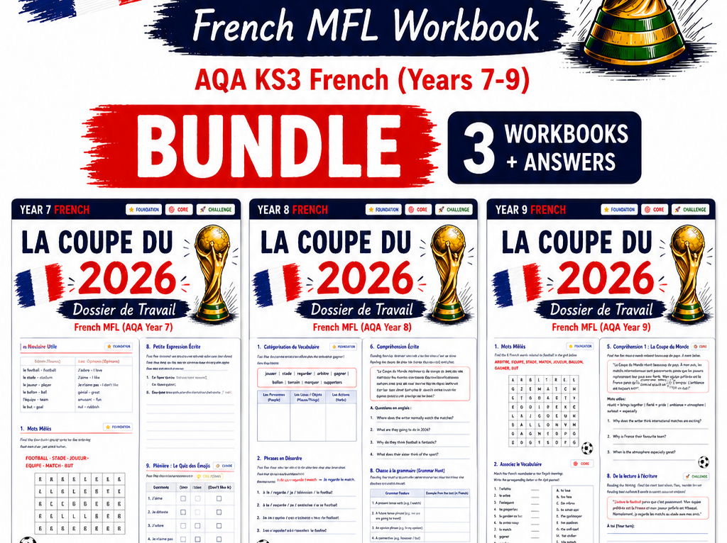 French Football & World Cup Workbook Bundle + Answers | KS3 French | Year 7-9 MFL Resource Pack