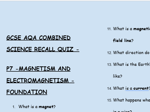 GCSE Physics P7 Magnetism & Electromagnetism – 30 Foundation Retrieval Questions | AQA - + Answers