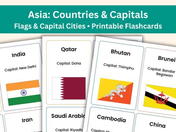 Asian Countries & Capitals Flashcards | Flags of Asia | Geography Flashcards