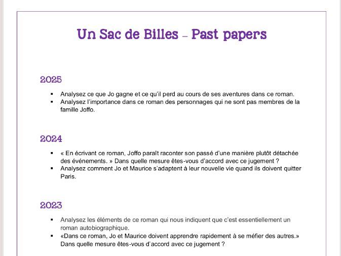 Un sac de billes - Past papers