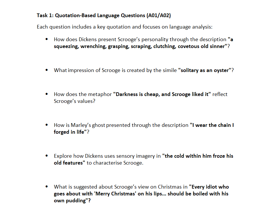 'A Christmas Carol' Revision Sheets, GCSE Lit Paper 1 (Staves 1 -5)