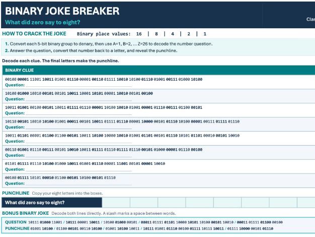 Binary Numbers Codebreaker Jokes Worksheet with Answers | KS3