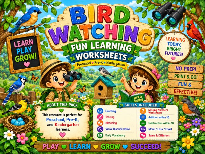 Bird Watching Worksheets for Pre-K & Kindergarten | Math, Tracing, Matching & Vocabulary