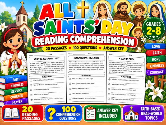 All Saints' Day Reading Comprehension | 20 Passages, 100 Questions & Answer Key