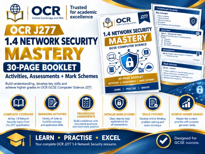 OCR J277 1.4 Network Security MASTERY | 30-Page Booklet, Activities, Assessments + Mark Schemes