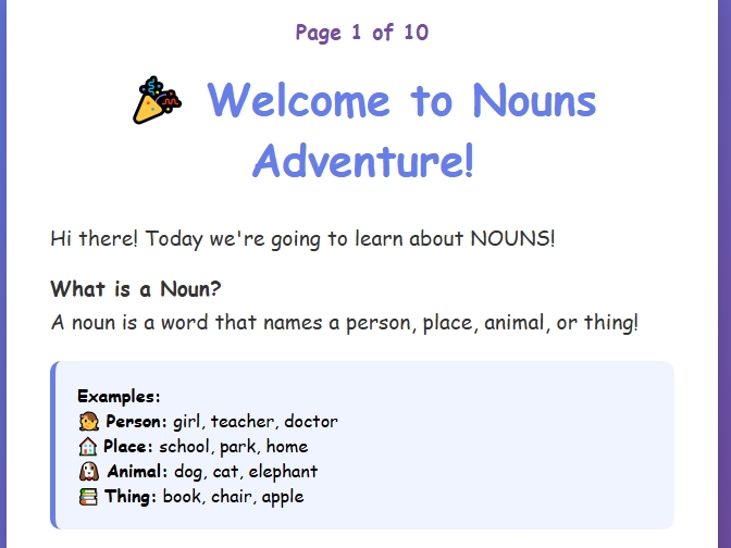 Interactive Nouns Learning Activity for Kids | 10-Page Digital Workbook with Instant Feedback