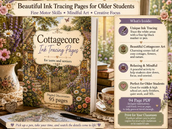Cottagecore Ink Tracing Pages for Older Students | Mindful Art, Fine Motor Skills & Creative Drawing